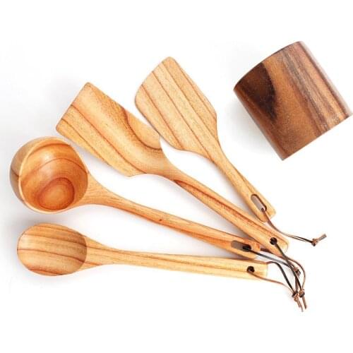 Set of 5 Wooden Non-Stick Pan Special Cooking Wooden Shovel Long Handle Wooden Spatula Big Spoon Wood Kitchen Utensils