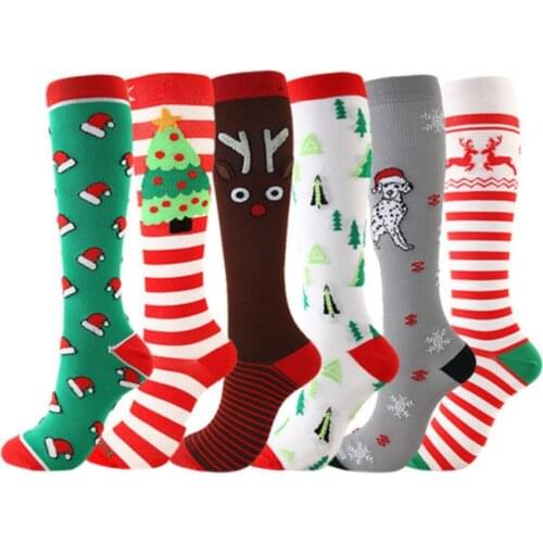 6 Pairs a Set Compression Socks Knee Long Christmas Cap Tree Deer Printed Polyester Nylon Hosiery Footwear Accessories