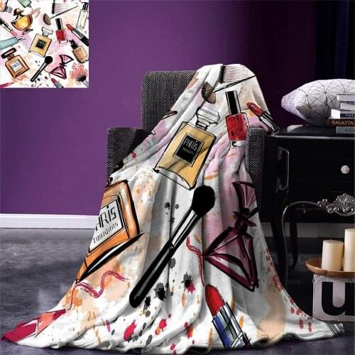 Girls Throw Blanket Cosmetic and Makeup Theme Pattern with Perfume Lipstick Nail Polish Brush Modern Lady Warm Microfiber