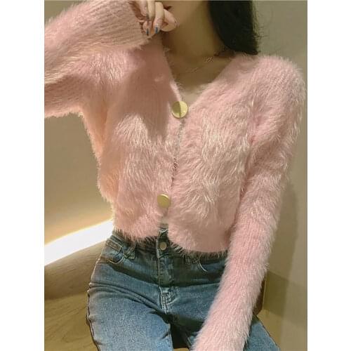 Autumn Winter Pink/White Sweater For Women Long Sleeve Single Breasted Sweet Cardigan Female V-Neck Short Knitted Tops New 2020