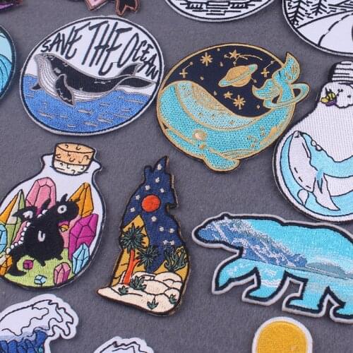Embroidered Patch Animal Whale Patch Iron On Patches For Clothing Camping Natural Adventure Patches On Clothes Stripes Accessory