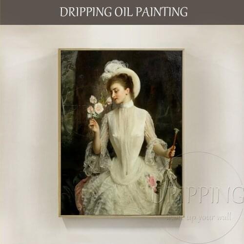 Professional Artist Hand-painted Beauty Europe Lady Portrait Oil Painting on Canvas Beauty Lady with White Dress Oil Painting