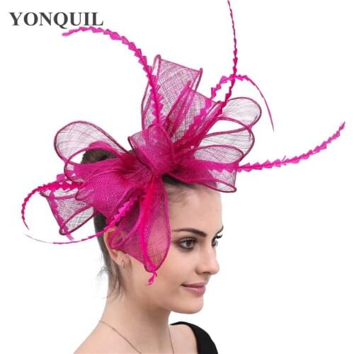 Magenta Navy Bowknot Hairbands Sinamay Fascinators Hats Feather Hair Accessories Lavender Wedding Headwear Free Shipping SYF618
