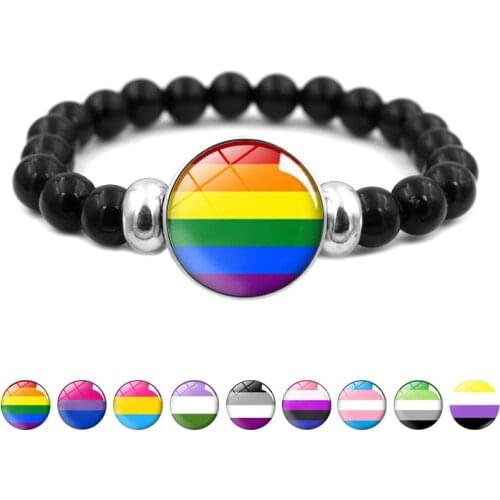 LGBT Rainbow Snap Button Bracelet Vintage Jewelry Gay Lesbian Pride Black Beaded Bracelets for Women Men Lovers Gift