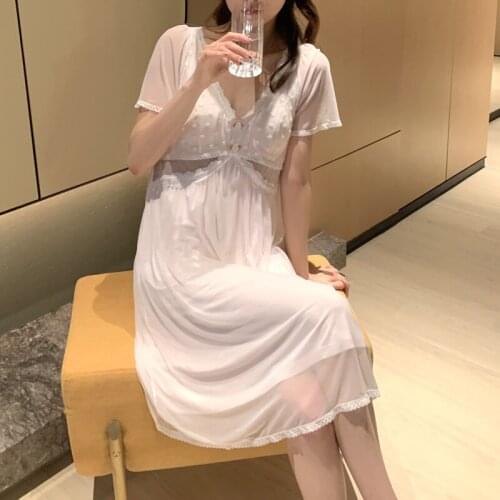 Pink Sweet Lace Trim Mesh Nightgown Ladies Sexy V-Neck Hollow Out Nightdress Summer New Short Sleeve Sleepwear Intimate Homewear
