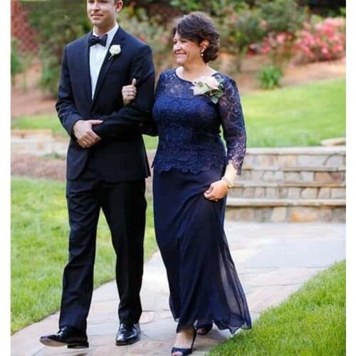 Blue Mother Of The Bride Dresses A-line Long Sleeves Chiffon Lace Plus Size Long Groom Mother Dresses For Weddings