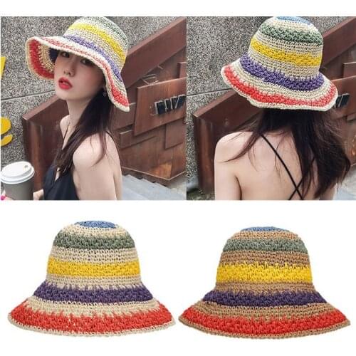 Women Handmade Crochet Straw Sun Hat Rainbow Colorful Stripe Sunscreen Beach Cap