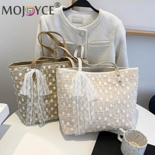 Shoulder Bags Casual Handbags Fashion Women Flowers Lace Woven Beach Vacation Large Tote Shoulder Shopping Bag
