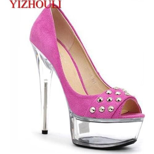 Super high heel willow nail crystal and rose red, suede fish mouth single shoe 15cm ultra high fine and dancing shoes