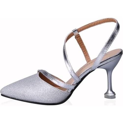 Spring And Summer New Silver Sequins Pointed Shallow Mouth Stiletto Hollow High Heel 2019 Thin Belt Set Foot Baotou Sandals