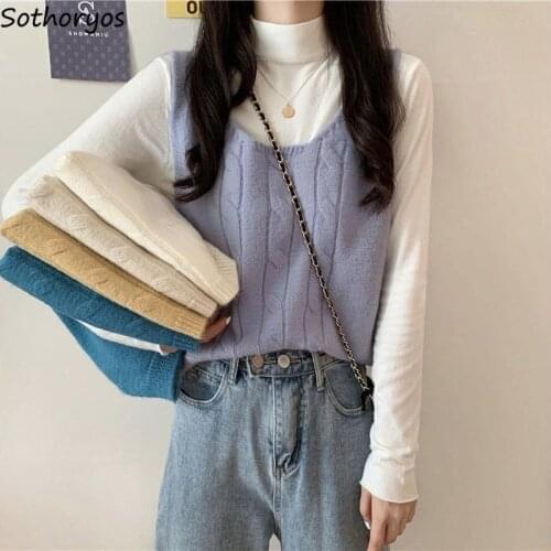 V-neck Knitted Vests Womens Sweaters Autumn New Korean Loose Casual Sleeveless Sweater Solid Simple Fashion Soft Slim Vintage