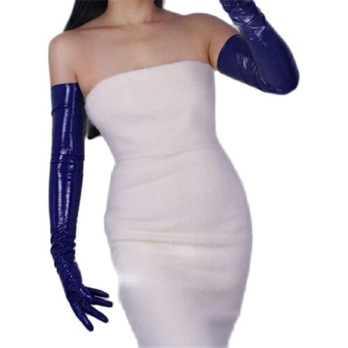 WomenS Patent Leather Long Gloves 70cm Long Elbow Simulation Leather PU Leather Gloves Mirror Bright Leather blue TBBL08