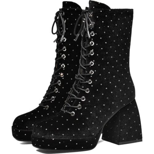 Womens Square Toe Velvet Real Leather Rhinestones Crystal Ankle Boots Chunky Hoof High Heel Shoes Platform Plus Size