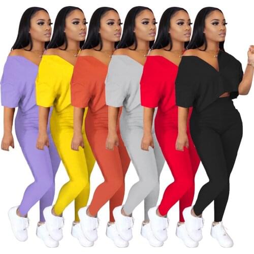 Casual V Neck Two Pieces Sets Women Sexy Top and Long Pants Summer Spring Soild Color Tracksuit Clothes Sexy Vacation Outfits
