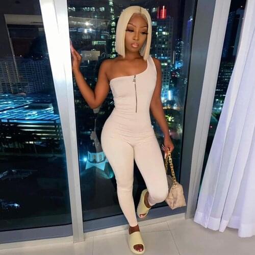 One-Shoulder Casual Sporty Rompers Women Jumpsuit Fitness Sleeveless Bodycon Workout Active Wear Fashion Zipper UpJumpsuits 2021