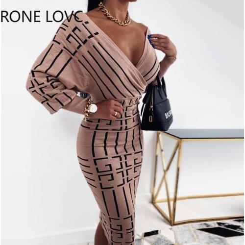 Women Printing Long Sleeve Wrap Dress Elegant Fashion Party Dress