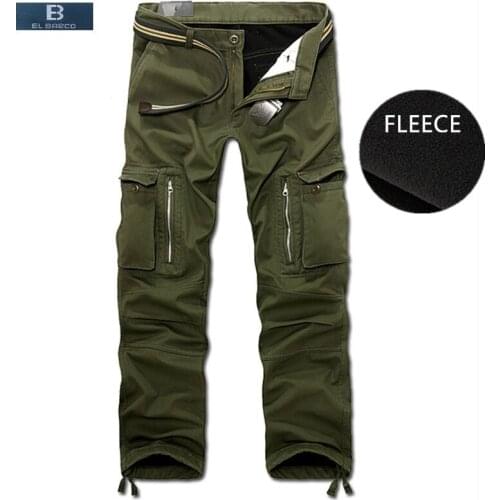 [EL BARCO] Winter Cotton Fleece Casual Pants Cargo Men Warm Soft Military Green Black Khaki Zipper Male Long Trousers Plus Size