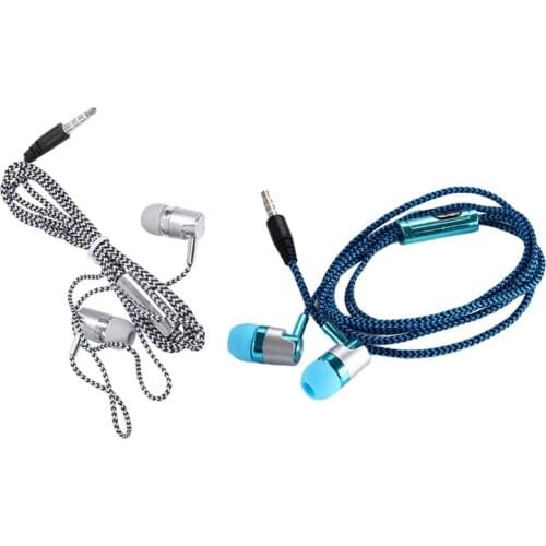 2 Pcs H-169 3.5mm MP3 MP4 Wiring Subwoofer Braided Cord, Music Headphones with Wheat Wire Control, Blue & Silver