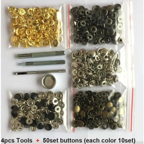 50set Leather Snap Fasteners Kit,10mm 12mm 15mm Metal Button Snaps Press Studs,4 Installation Tools, Leather Snaps for Clothes