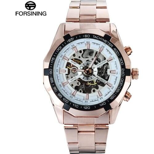 FORSINING Top Brand Men Watch Luxury Automatic Mechanical Skeleton Stainless Steel Bracelet Self-wind Wrist Watch Men Clock