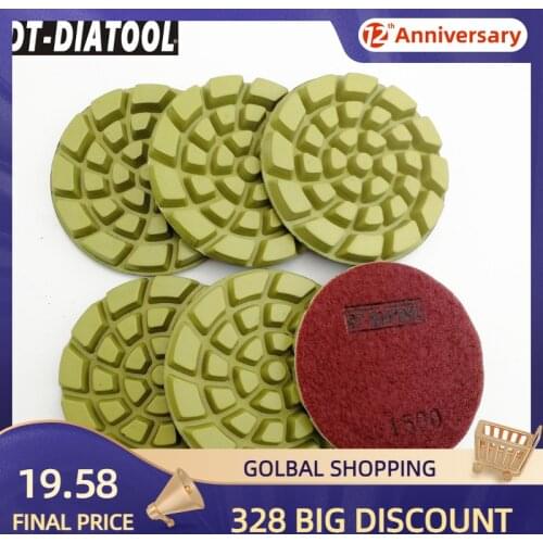 DT-DIATOOL 6pcs Dia 100mm/4" #1500 Thickened Concrete Polishing Pads Resin Bond Diamond Concrete Sanding Discs Floor Renew Pads