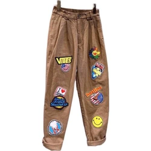 Spring Summer Joggers pants Women Retro Patched Harem Pants Loose Long Trousers Girl Students Straight Pants