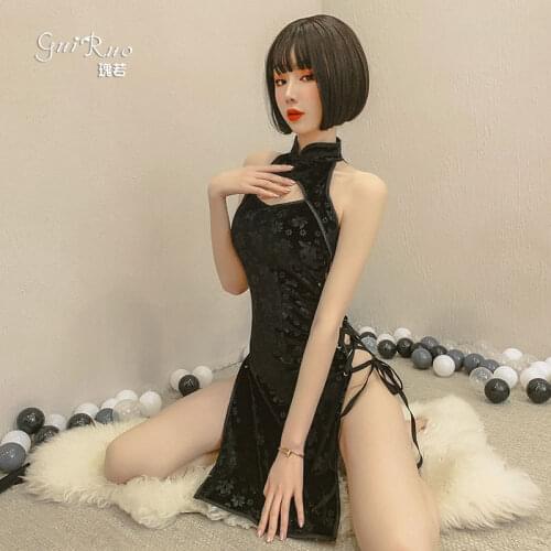 China Style Side Slit Hollow Cheongsam Qipao sexy lingerie Chinese Traditional Dress Sexy Lingerie Bandage Temptation Clothing