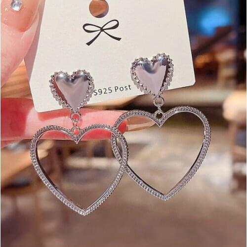 Korean Vintage Love Heart Earrings Silver Color Elegant Sweet Drop Earrings For Women Girls Party Wedding Jewelry Accessories