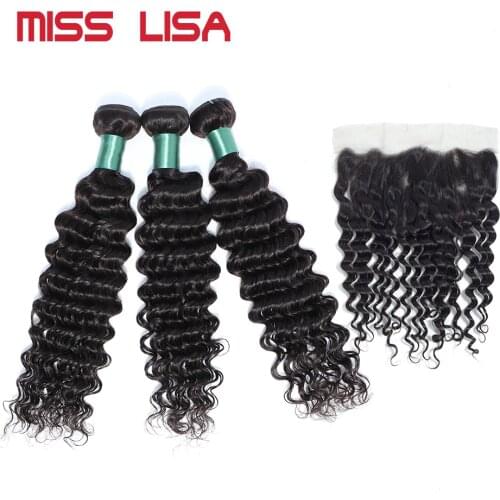 MISS LISA Deep Wave Bundles With 13*4 Lace Frontal Non-Remy Malaysia Human Hair Weave Bundles With Frontal Hair Extension