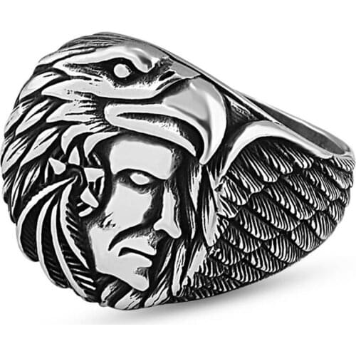 Men Handmade Silver Ring With Eagle and Injun Motif, Made in Turkey, Solid 925 Sterling Silver