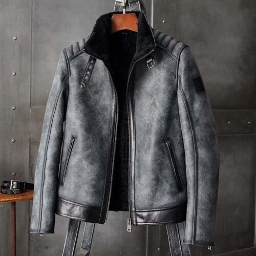 New Shearling Coat Mens B3 Bomber Jacket Grey Sheepskin Coat Motorcycle Leather Jacket Mens Winter Coats Short Fur Coat