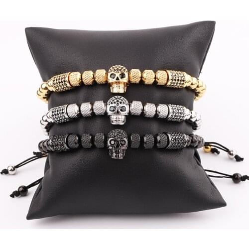New Design Skull Bracelet Men Jewelry Gold Plated Stainless Steel Beaded CZ Pave Charm Macrame Adjustable Bracelet Men