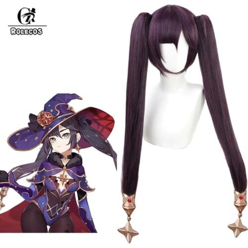 ROLECOS Game Genshin Impact Mona Cosplay Wig 80cm Long Straight Purple Wigs with Ponytails Heat Resistant Synthetic Hair