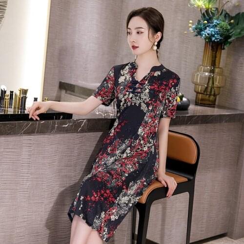 2020 Medium Long Cheongsam Imitation Of Gambiered Canton Gauze Qipao Short-Sleeved Qipao Daily Mother Large Modern Dress