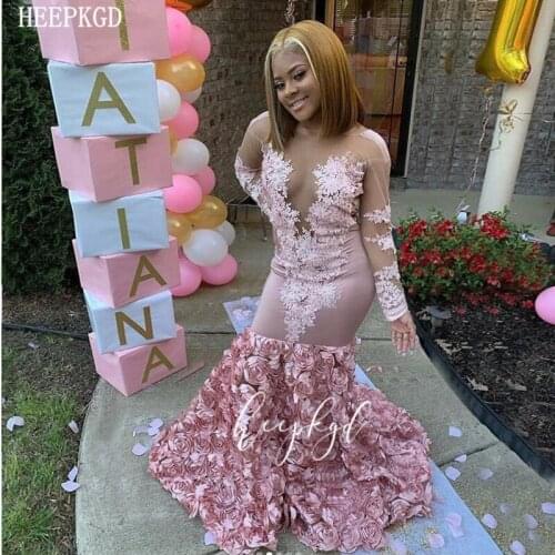 Dusty Pink 3D Flowers Long Sleeves Prom Dresses Illusion Appliques Mermaid Sexy Black Girls Graduation Party Dress Plus Size