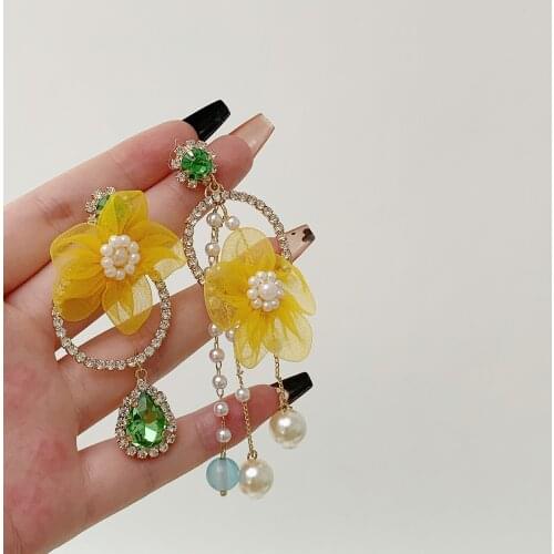 Korean Luxury Asymmetric Flower Crystal Drop Earrings For Women Girls Elegant Pearl Tassel Party Jewelry
