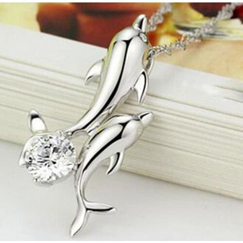 Silver Color Rhinestone Double Dolphin Pendant Necklace Love Jewelry Collier Long Choker For Girl women Birthday Christmas Gift