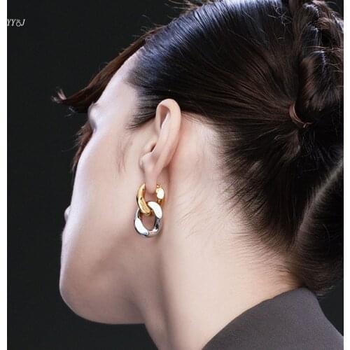 Gold and silver color chain earrings for women two tones contrast luxury brand designer dupl dangling earrings streetwear