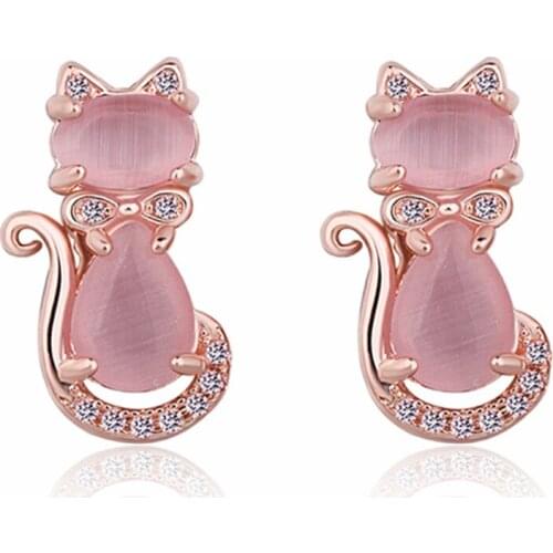 FYJS Unique Rose Gold Color Cute Cat Shape Natural Rose Pink Quartz Stud Earrings for Anniversary Gift