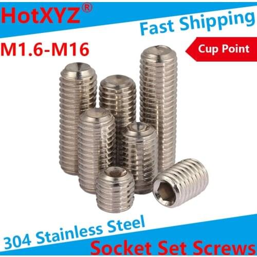 304 Stainless Steel Internal Hex Socket Drive Cup Point Set Screws M1.6 M2 M3 M4 M6 M8 M10 M12 M16 Concave End Grub Bolts