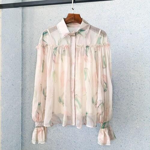 2021 Ladies Ruffled Elegant Lapel Long Sleeve Printed Chiffon Shirt Runway Designer Women Printed Top + High Waist Cotton Skirt