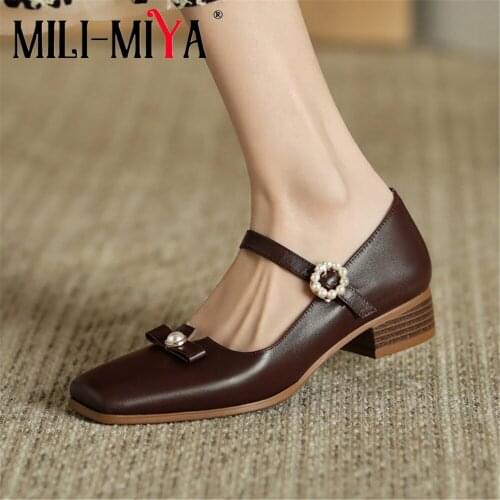 MILI-MIYA Casual Women Full Genuine Leather Pumps Square Toe Buckle Strap Thick Heels Pearl Dress Party Shoes Size 34-40