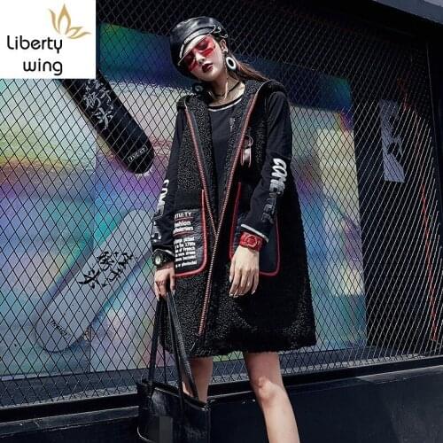 Street Style Zipper Hooded Sleeveless Jacket Women Fashion Letter Printed Black Long Bomber Vest Waistcoat Winter Outerwear