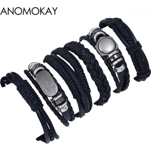 6 PCS/SET Vintage Leather Strap Bracelets for Mens Punk Style Rope Wrap Bracelet & Bangle Male Wristband Wrap Men Jewelry Gift