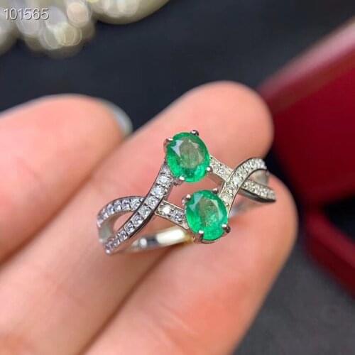 Elegant Two Gemstones Ring for Woman 100% Natural 4mm*5mm Emerald Silver Ring Solid 925 Silver Emerald Ring for Party