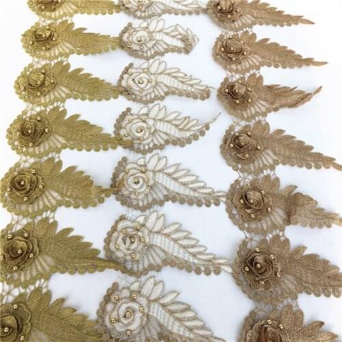1Yard Luxury 3d Flower 16cm Glitter Golden Beads Embroidered Lace Applique Lace Trim For Sewing Collar Crafts Dress Accessories