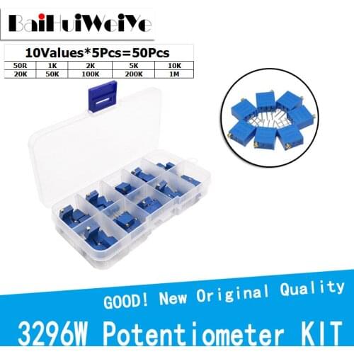 50PCS 3296W series 500R 1K 2K 5K 10K 20K 50K 100K 200K 1M Multi-turn potentiometer Variable resistors With box set 10Values*5Pcs