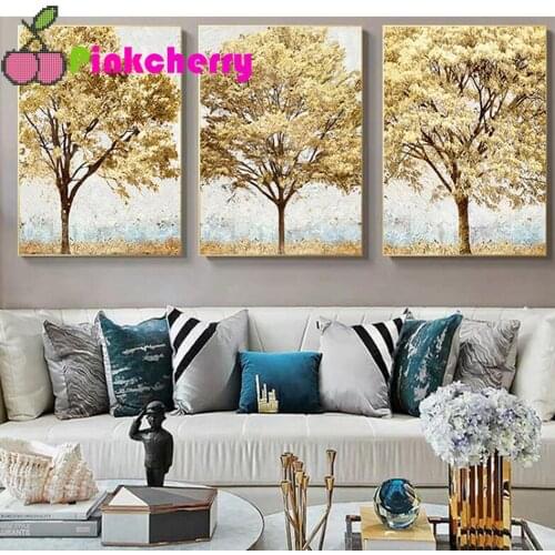 5d diy diamond mosaic Abstract Gold leaf tree Triptych diamond painting cross stitch kits 3d embroidery full rhinestone k734