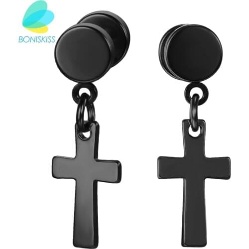 Boniskiss Trendy Black/ Silver Color Stainless Steel Cross Earrings Punk Barbell Double Sided Piercing Earrings For Woman & Men