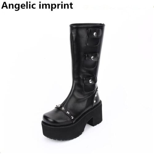 Angelic imprint Women mori girl lady lolita punk motorcycle cool Boots woman high trifle heels pumps platform shoes rivets 34-44